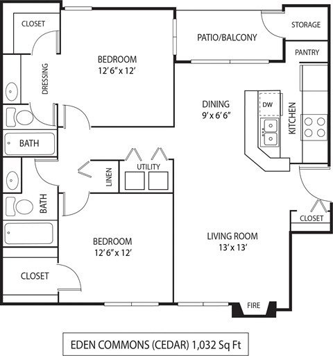 2  Bed   2  Bath   1,032 Sq. Ft. | Cedar Floor Plan at Eden Commons, Eden Prairie